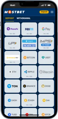 Deposit page in Mostbet app – choose UPI, Paytm, GPay or crypto to fund your account