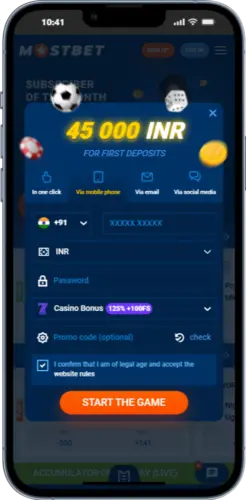 Mostbet sign-up form – enter phone number, email and password to register